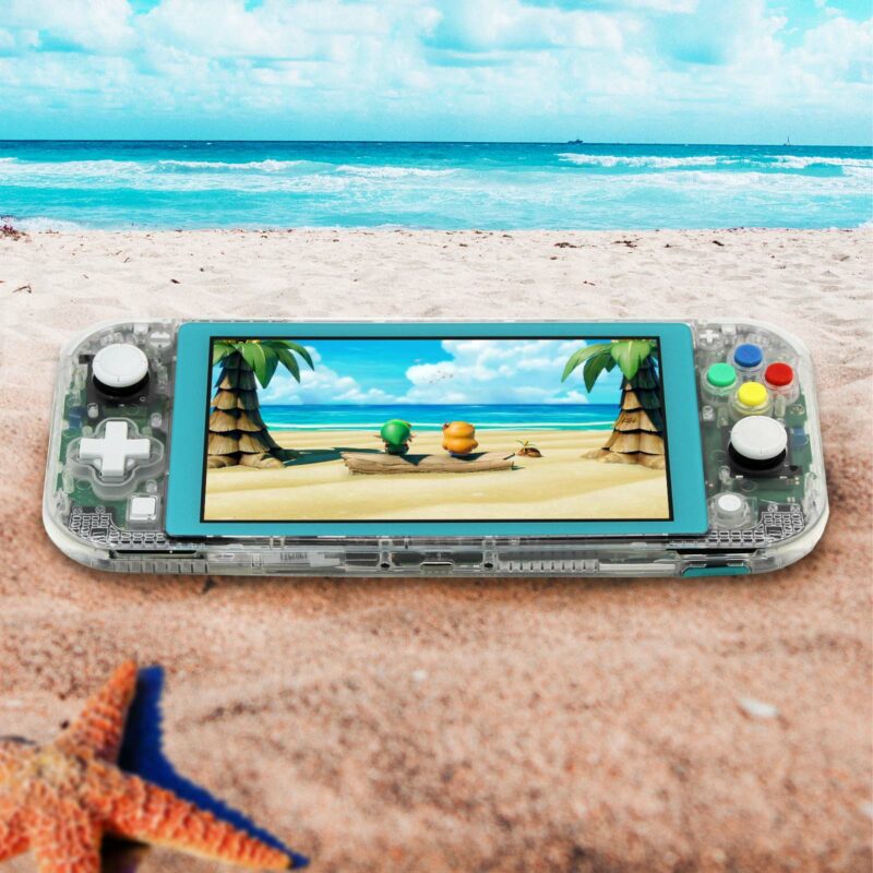 Clear Nintendo Switch Lite by Killscreen sitting on beach playing Legend of Zelda Links Awakening with Link and Marin