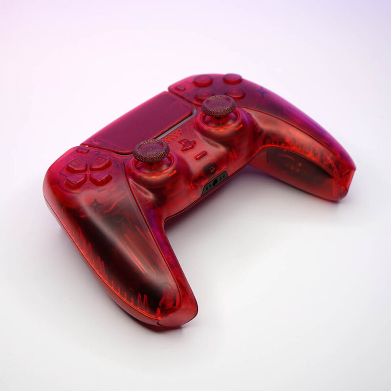 Front angle of Clear Red PS5 Controller by Killscreen