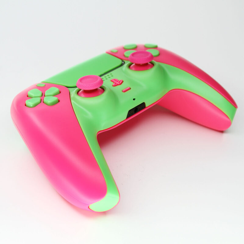 Front left angle view of Guavatron Pink and Green Playstation5 Controller by Killscreen