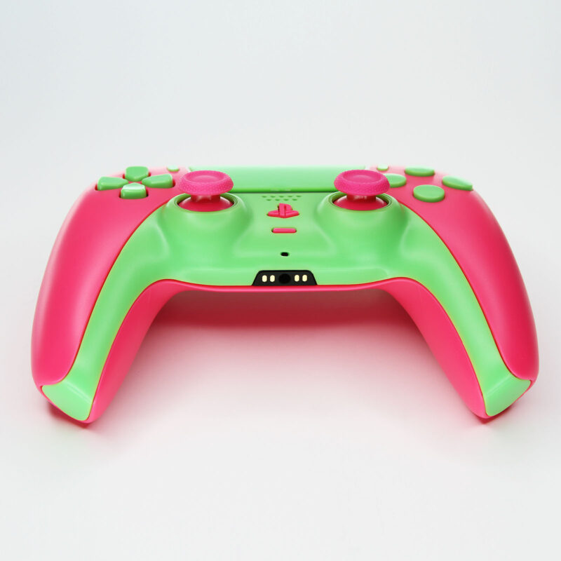 Front of Guavatron Pink and Green PS5 Controller by Killscreen