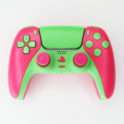 Top view of Guavatron Pink and Green PS5 Controller by Killscreen