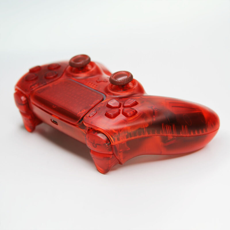 Back left view of Killscreens Triple Clear Red PS5 Controller