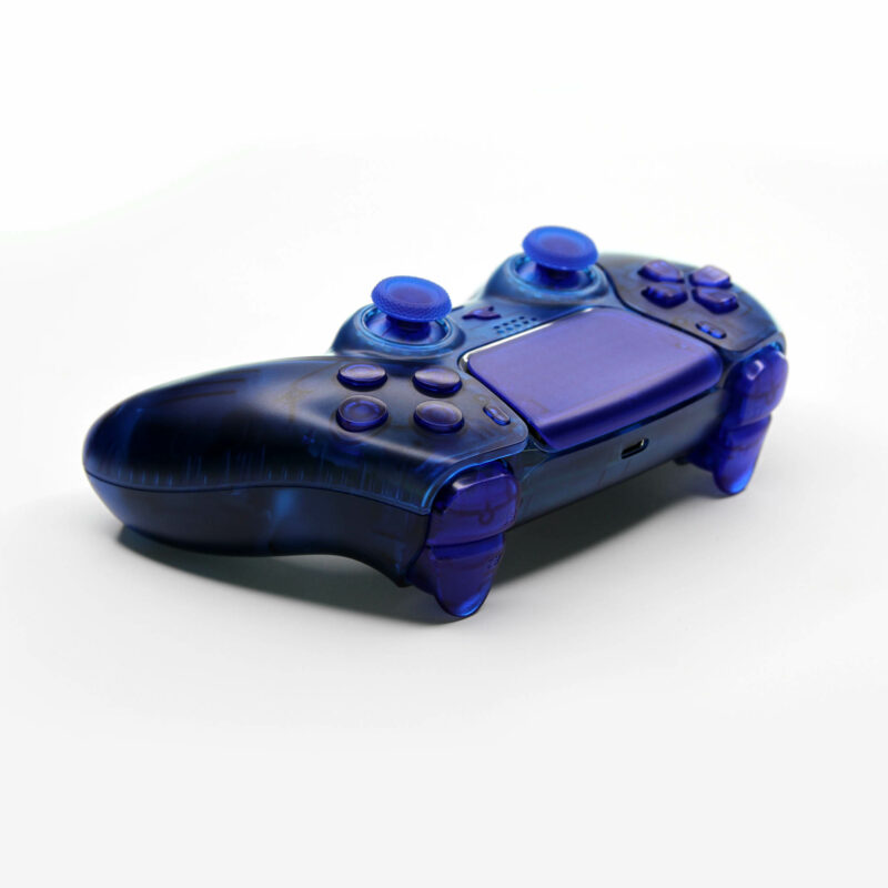 Back right view of Triple Clear Blue PS5 Controller