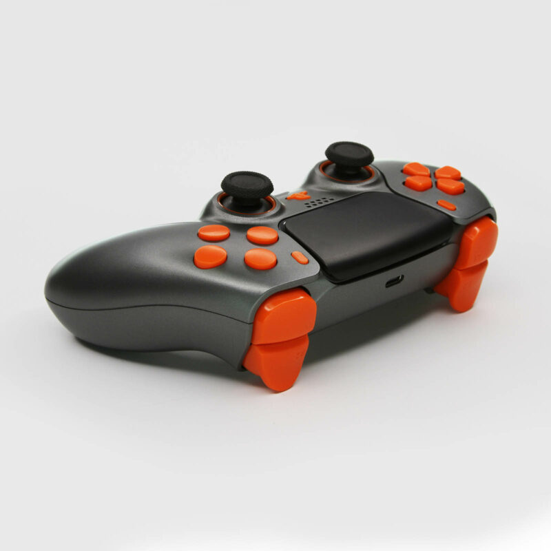 Back left of Gunmetal Fury Gray and Orange PS5 Controller