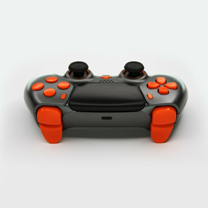 Rear of Gunmetal Fury Gray and Orange PS5 Controller