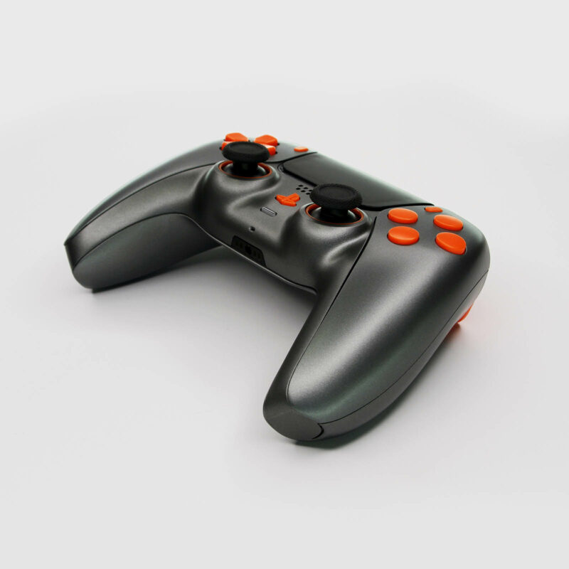 Front-right of Gunmetal Fury Gray and Orange PS5 Controller