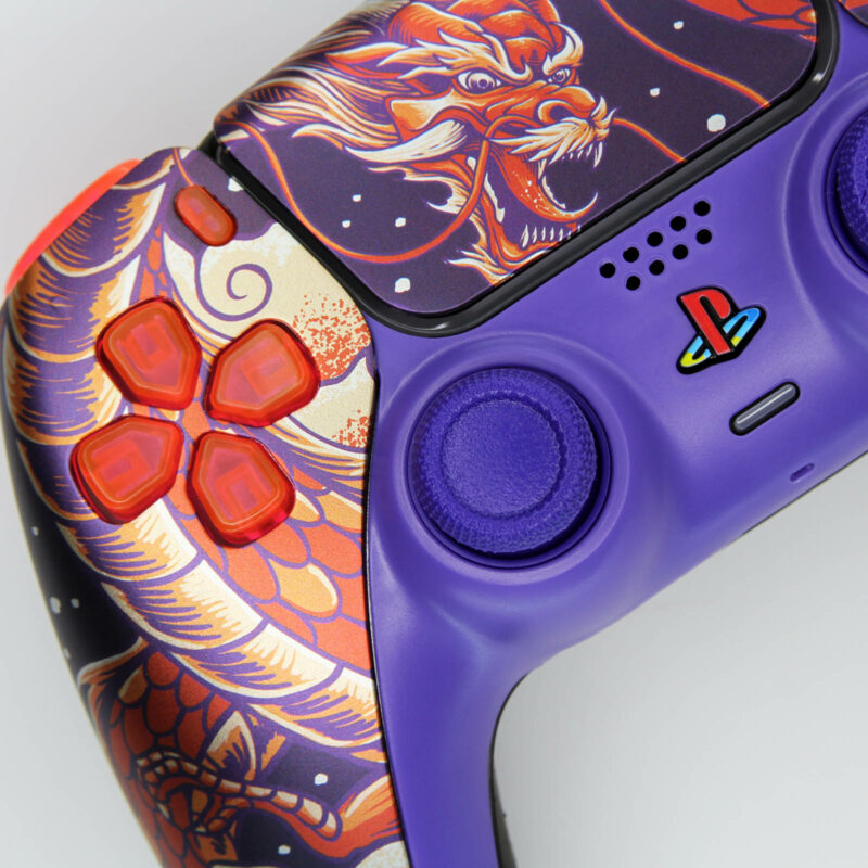 Close up of Indigo Shinobi Dragon PS5 Controller