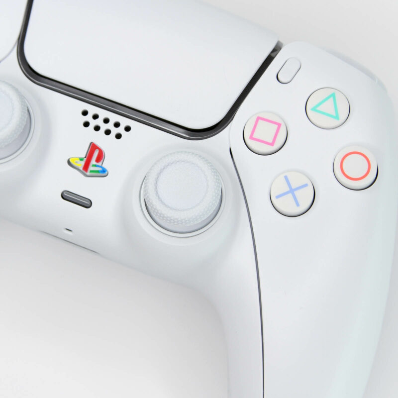 Closeup of Shape Buttons on PSOne White Retro PS5 Controller by Killscreen