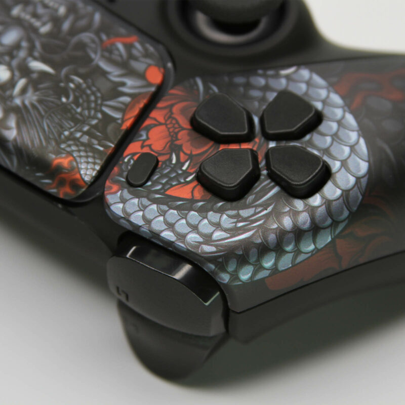 Back left closeup of Red Lotus Dragon PS5 Controller by Killscreen