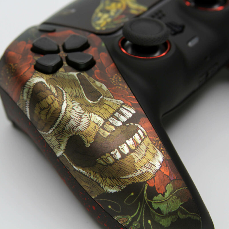 PS5 Controller with Snake, Hibiscus Flowers, and Skull Motif