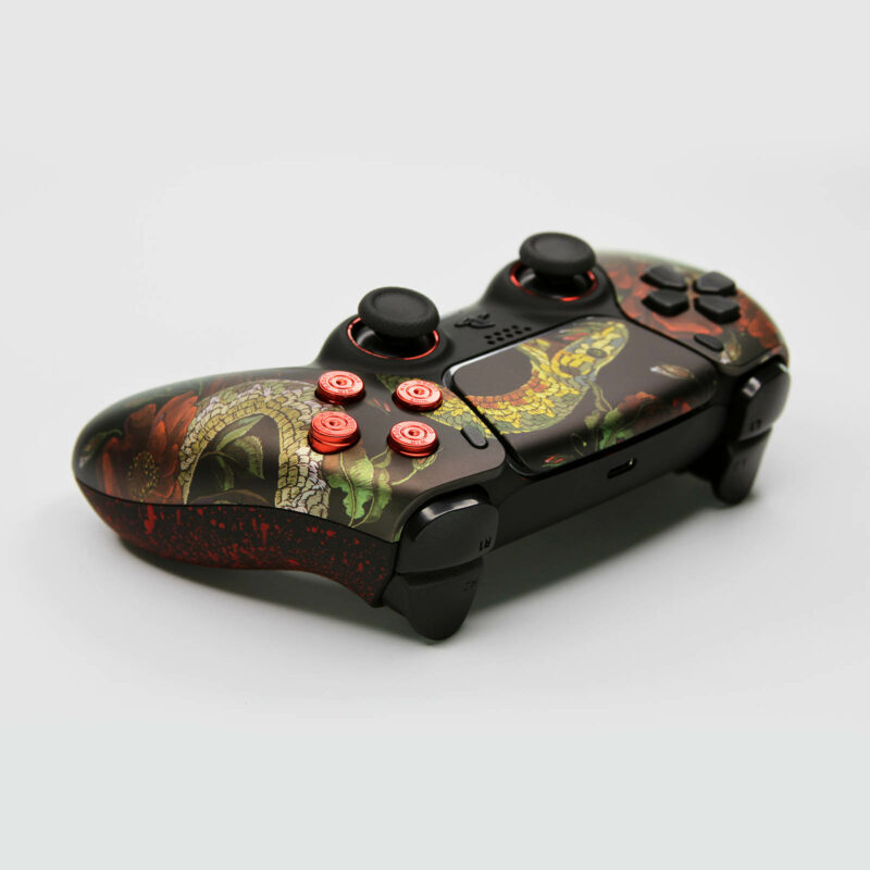 Back of PS5 Controller with Snake, Hibiscus Flowers, and Skull Motif