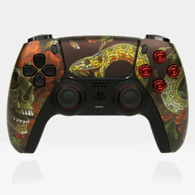 PS5 Controller with Snake, Hibiscus Flowers, and Skull Motif
