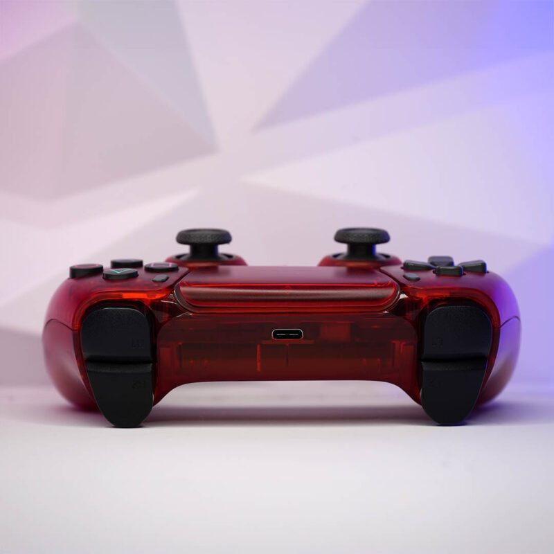 Rear view of clear retro PS2 Crimson Red PlayStation 5 DualSense Controller by Killscreen