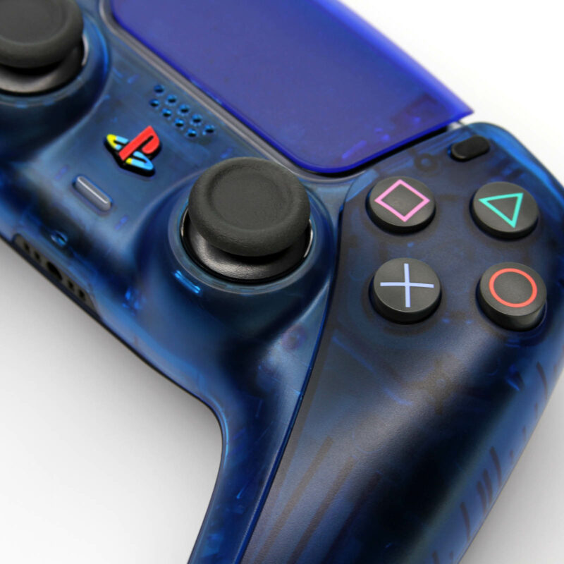 Close up of shape buttons on Front Angle of PS2 Clear Blue Retro PS5 Controller