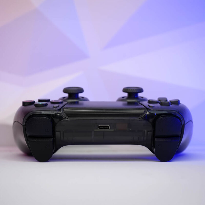 Rear view of Front angle of Zen Black (clear black) Retro PS5 Controller by Killscreen