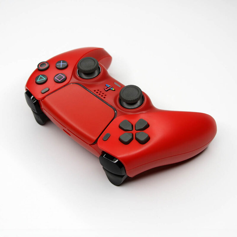 Rear angle view of dpad on Cinnabar Red Retro PS5 Controller