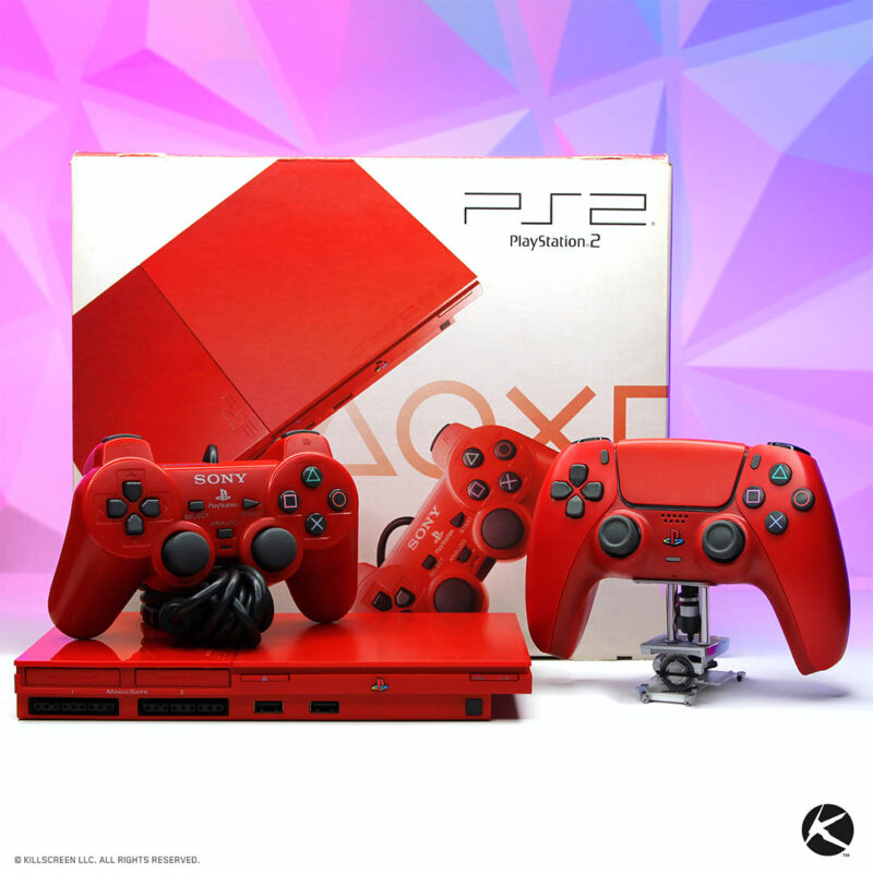 Side by side of PS2 Cinnabar Red console with Killscreens Cinnabar Red DualSense