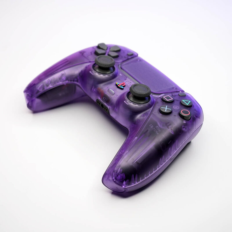 Front angle of Atomic Purple Retro PS5 Controller by Killscreen