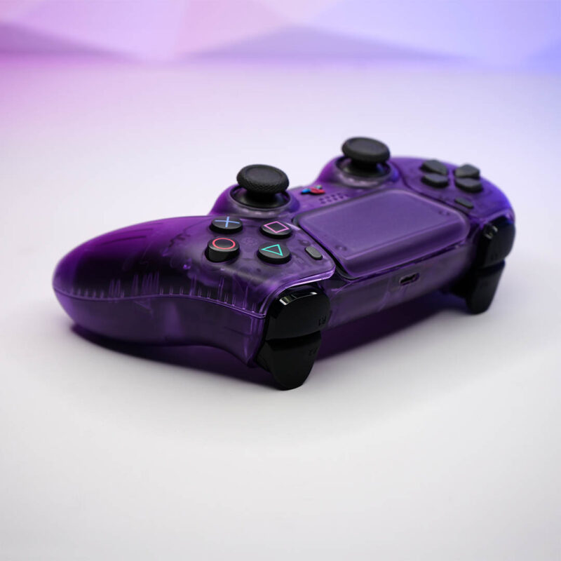 Rear angle of Atomic Purple Retro PS5 controller by Killscreen