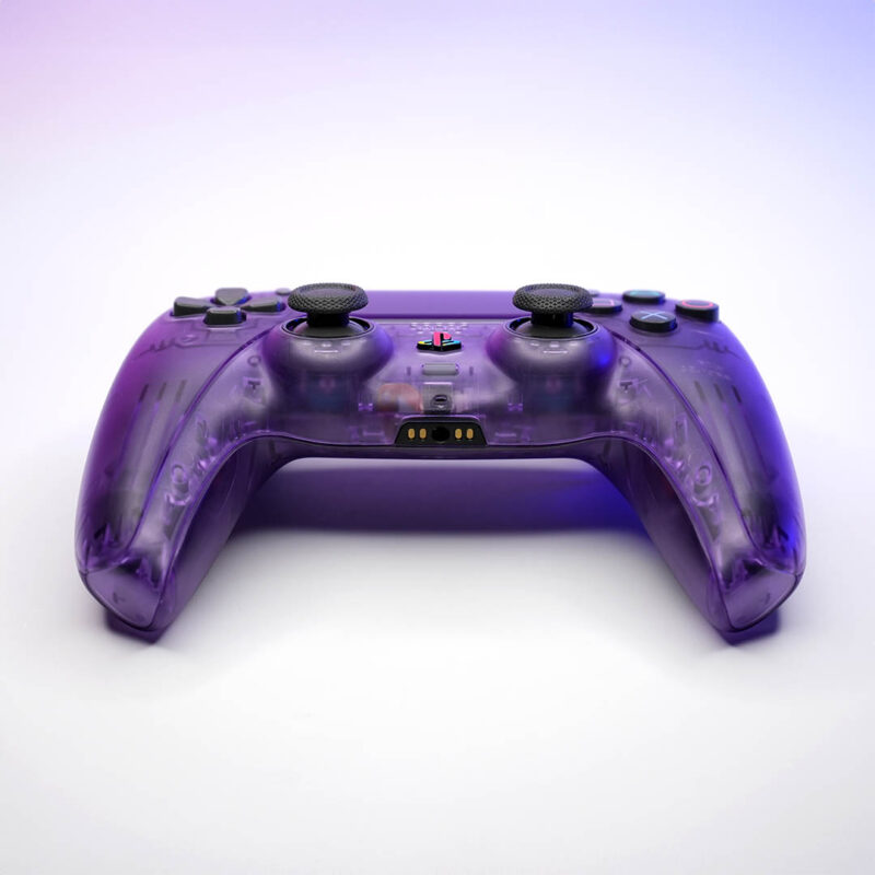 Front of Clear Purple Retro PS5 controller by Killscreen