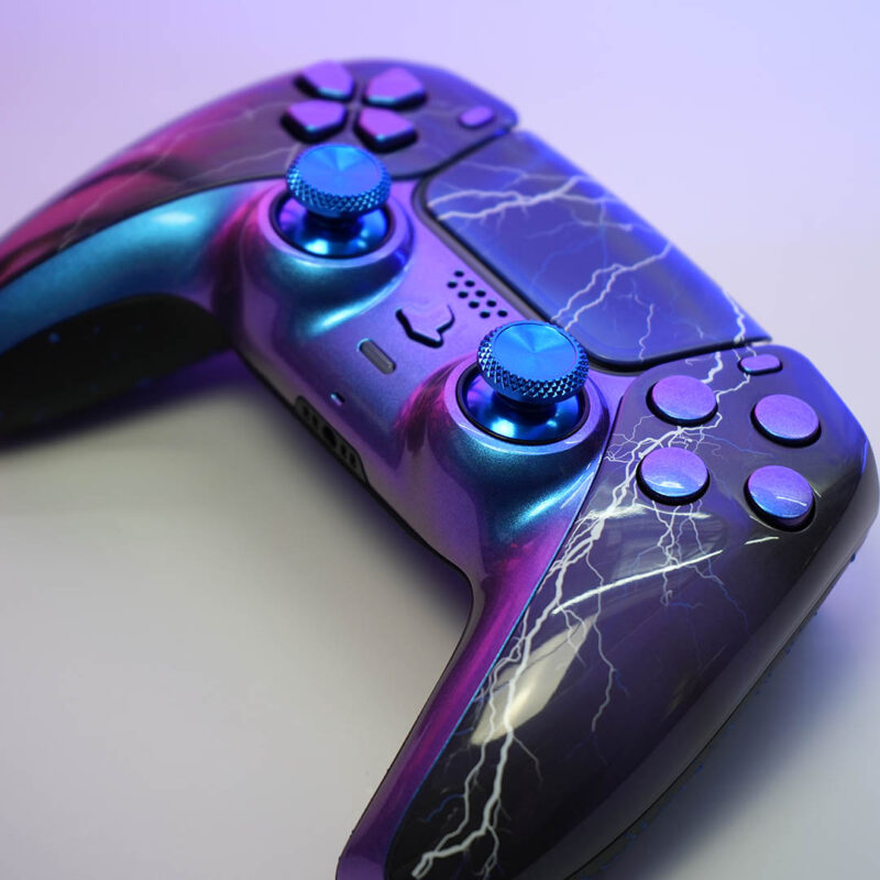 Front angle of Chromastorm Lightning PlayStation 5 DualSense Controller by Killscreen