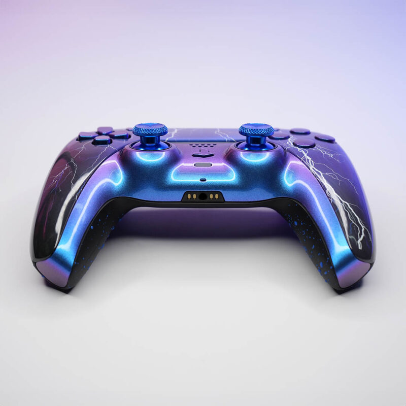 Front of blue and purple lightning PS5 Controller by Killscreen