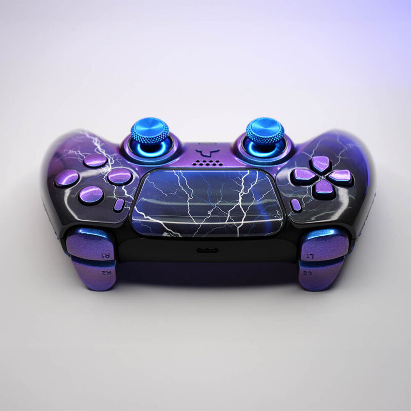 Rear angle of blue and purple lightning PS5 Controller by Killscreen