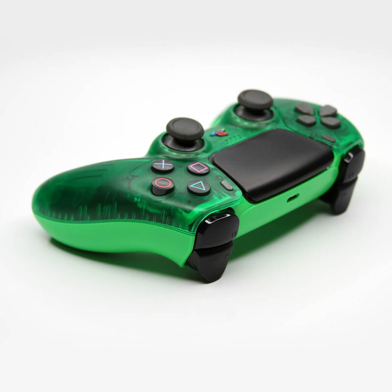Shape buttons rear angle of Green Crystal PS5 Controller by Killscreen