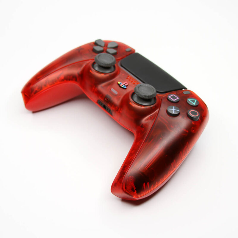 Front angle of DS4 Crystal Red PS5 Controller by Killscreen