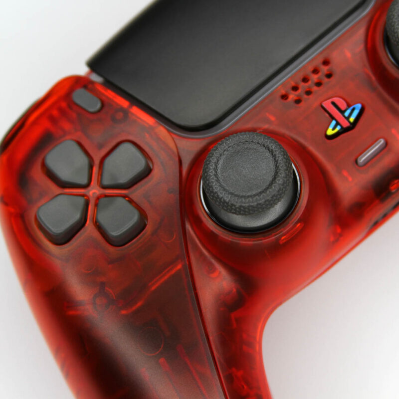 Close up of DS4 Crystal Red PlayStation 5 DualSense Controller by Killscreen
