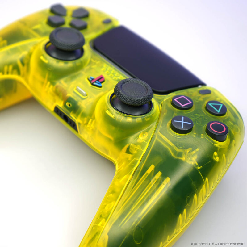 Front right angle view of transparent Lemon Yellow Retro PlayStation 5 Controller