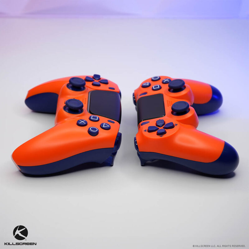 Side by side of Sunset Orange DualShock and DualSense controllers