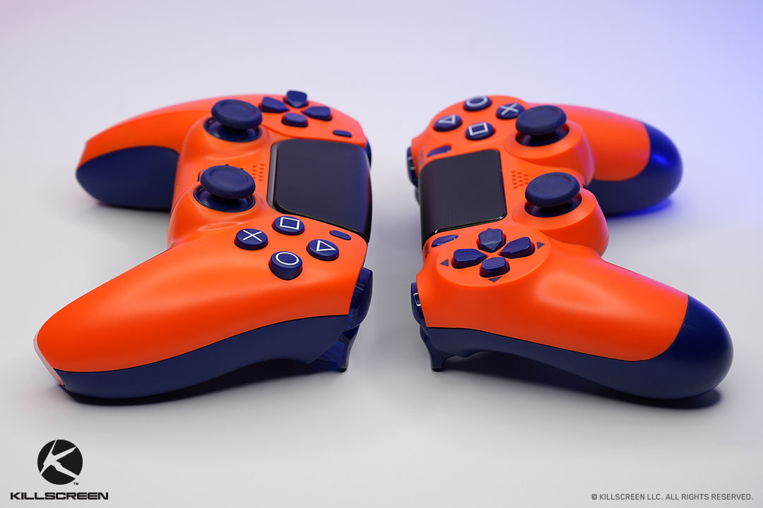 Side by side of Sunset Orange DualShock and PS5 DualSense controllers