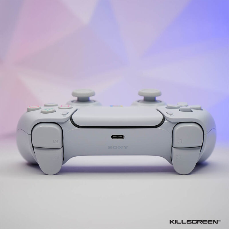 Rear angle of PSone White OEM PlayStation 5 DualSense Controller by Killscreen