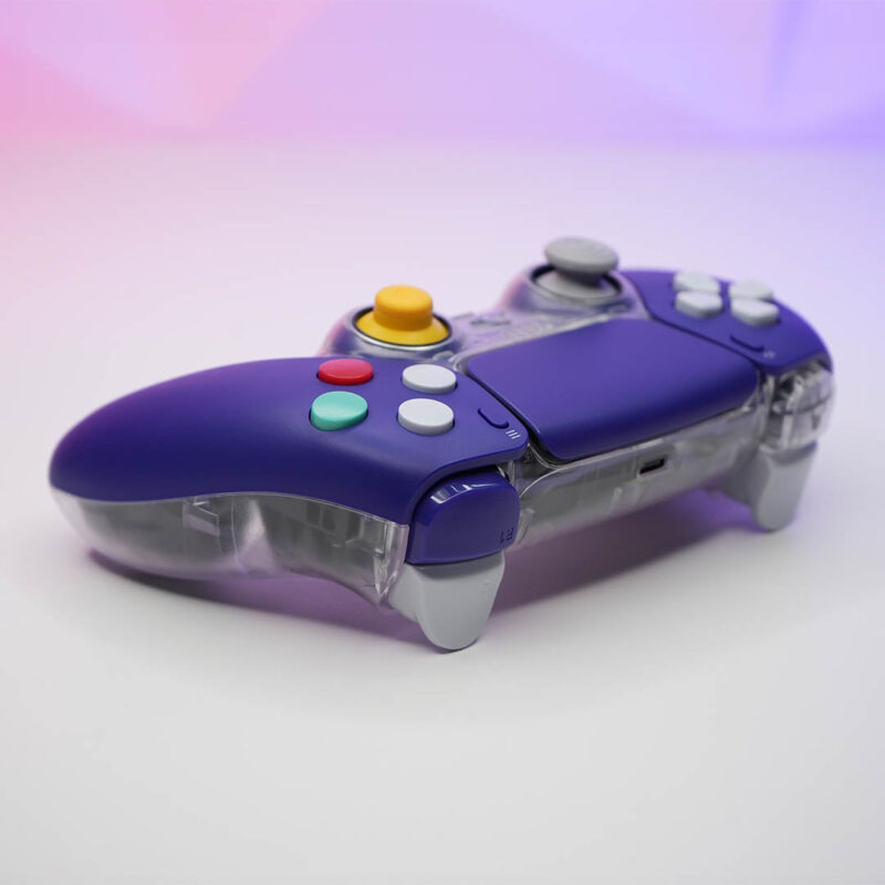 Action buttons on Indigo Clear CubeSense PS5 Controller by Killscreen