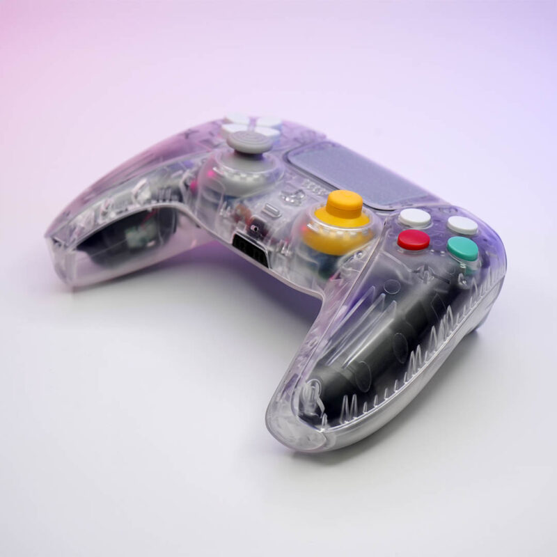 Front angle view of Skeleton CubeSense Clear GameCube Inspired PS5 DualSense Controller by Killscreen