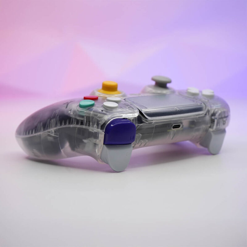 Right angle view of clear GameCube PS5 Controller