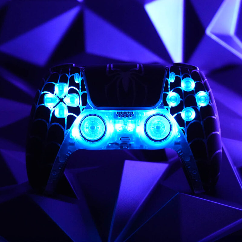 Blue LED Lights on Spiderman custom PS5 Controller by Killscreen