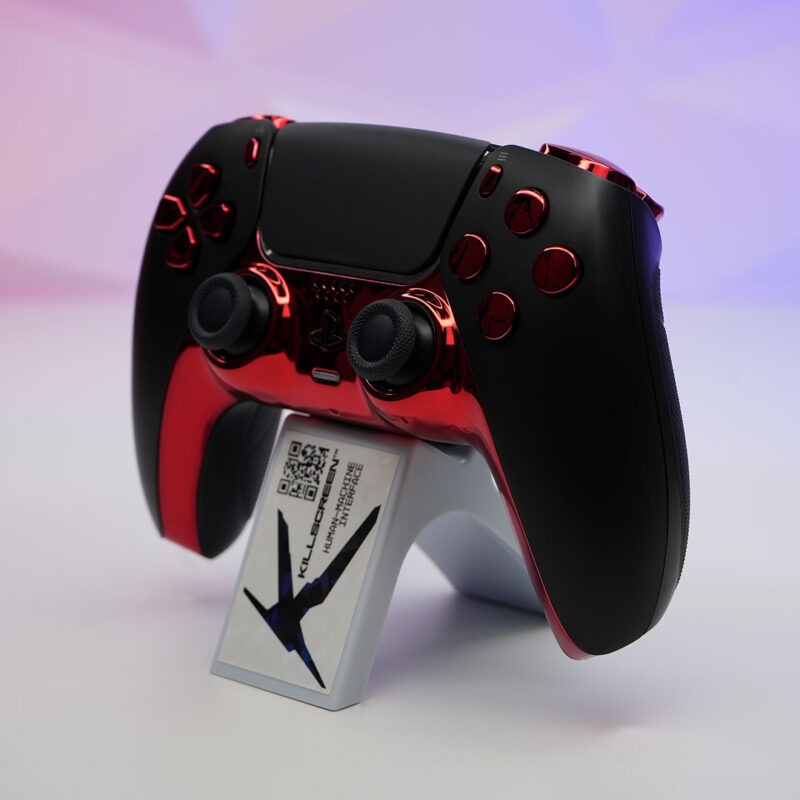 Left-side perspective of Bloodrite X9 on a stand – An aggressive yet refined gaming controller built for esports-level precision and style.