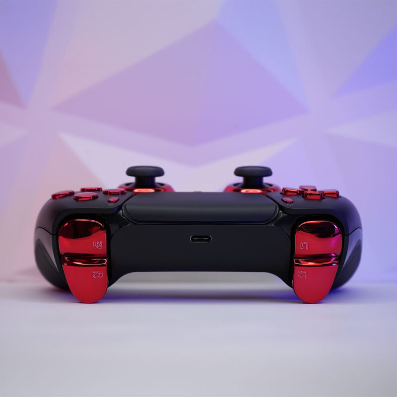 Back view of Red Chrome and Matte Black DualSense controller – Featuring a dual-tone matte and gloss finish, optimized for grip and control during intense gaming sessions.