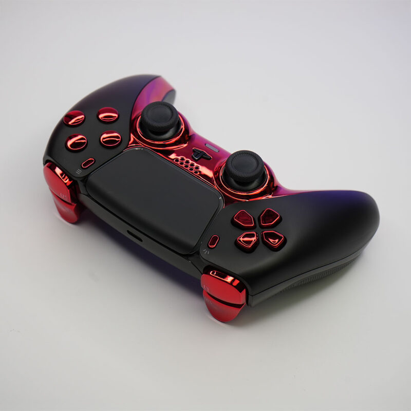 Flat-lay of Bloodrite X9, showing grip and triggers – A striking contrast between the matte black back and high-gloss chrome front, designed for competitive gameplay.