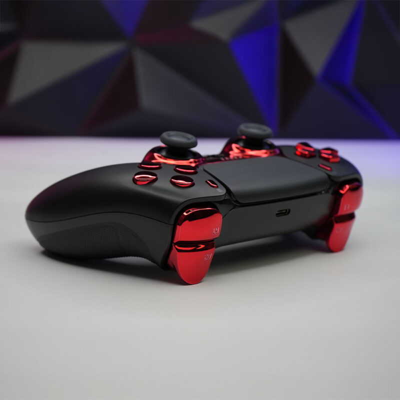 Side profile of Bloodrite X9 PS5 controller – A sleek look at the controller’s ergonomic curves, with blood-red chrome accents and performance-driven design.