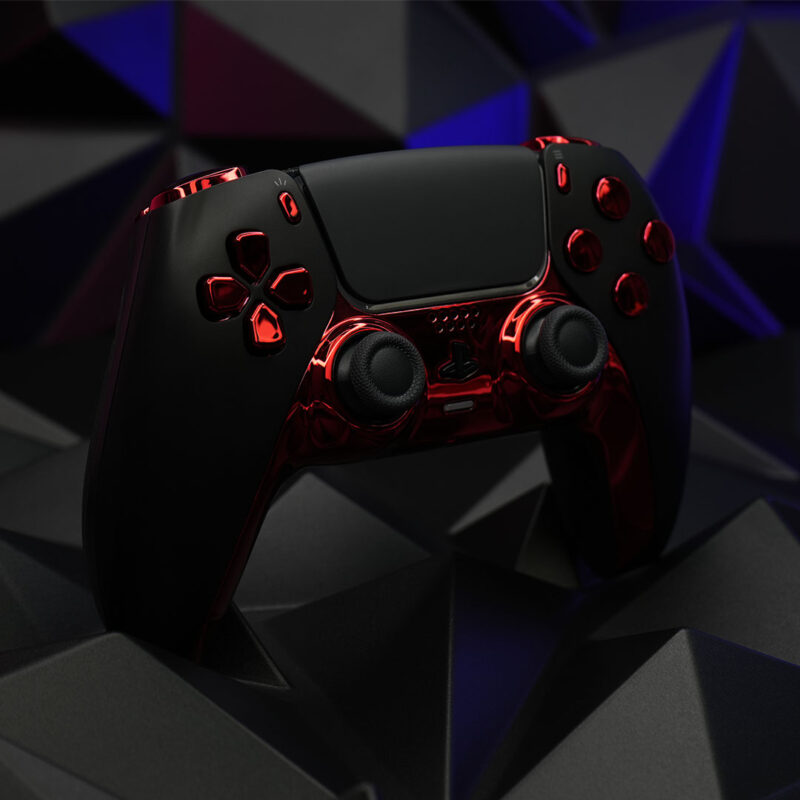 Angled top-down view of Bloodrite X9 – The custom DualSense’s rich black and red contrast shines under dynamic lighting, showcasing its elite aesthetic.