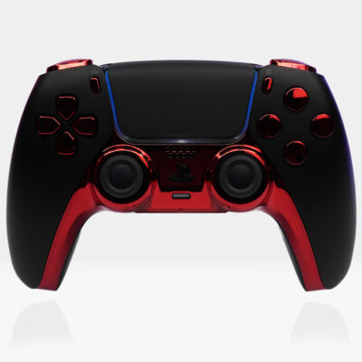 Front view of Bloodrite X9 PS5 DualSense controller – A cyber-red chrome and matte black PlayStation 5 controller with a bold, high-gloss finish and deep crimson accents.